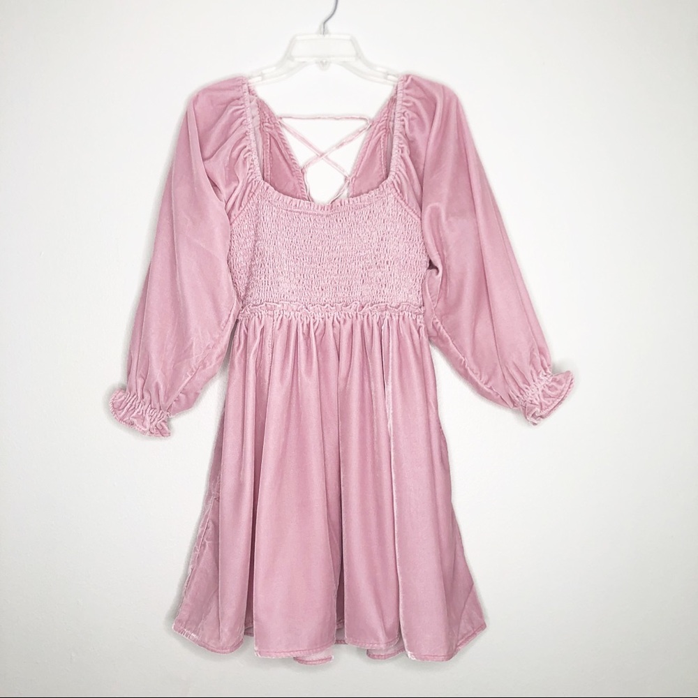 Free People Daphne Velvet Sleeve mini Dress Balloon ruffle sleeves blush pink - Picture 2 of 13